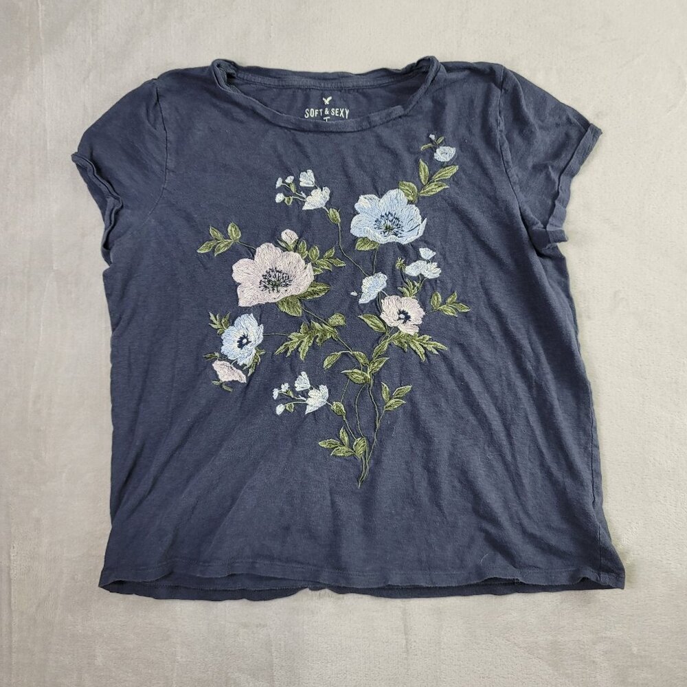 American Eagle Navy Floral Embroidered Shortsleeve Women's Top | Size L